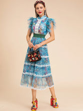 Blue Floral Midi Dress Ruffle Cap Sleeves
